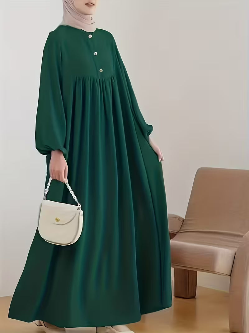 New 2026 Muslim Women'S Robe Caramel Color Fashion Casual Bubble Sleeve Easy Loose Solid Color Dress Without Headscarf