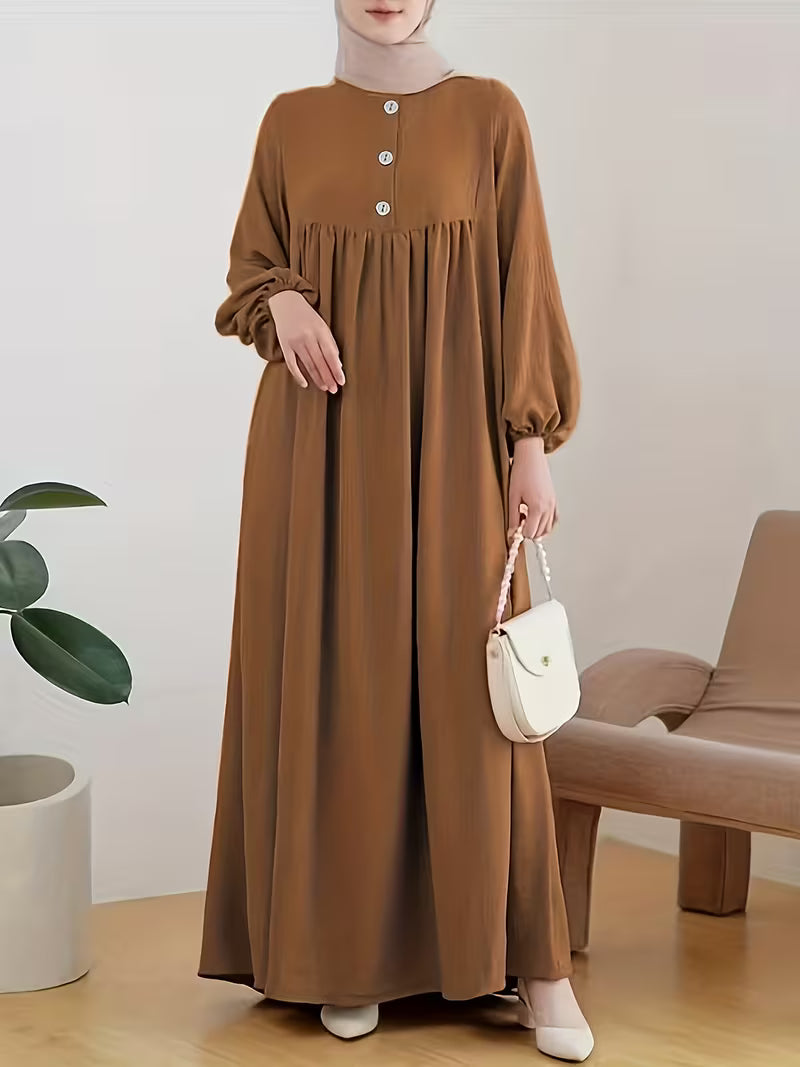 Nouvelle robe de femme musulmane 2026, couleur caramel, mode décontractée, manches bouffantes, ample, couleur unie, sans voile.