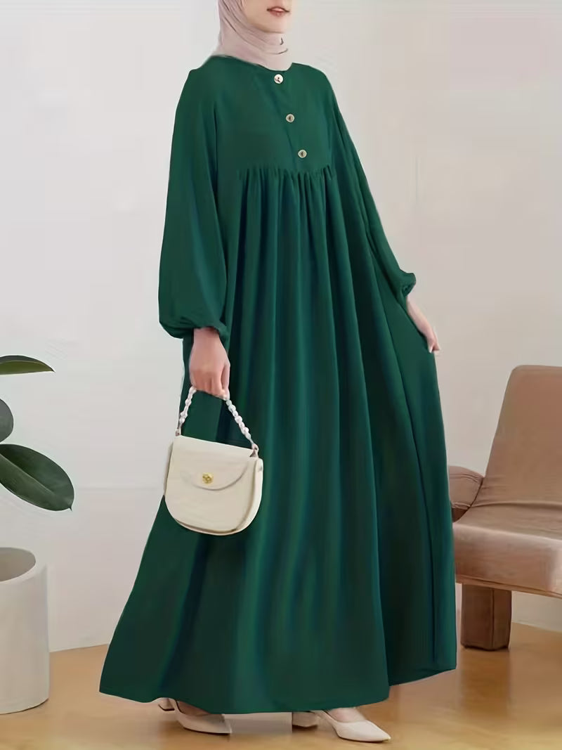 Nouvelle robe de femme musulmane 2026, couleur caramel, mode décontractée, manches bouffantes, ample, couleur unie, sans voile.
