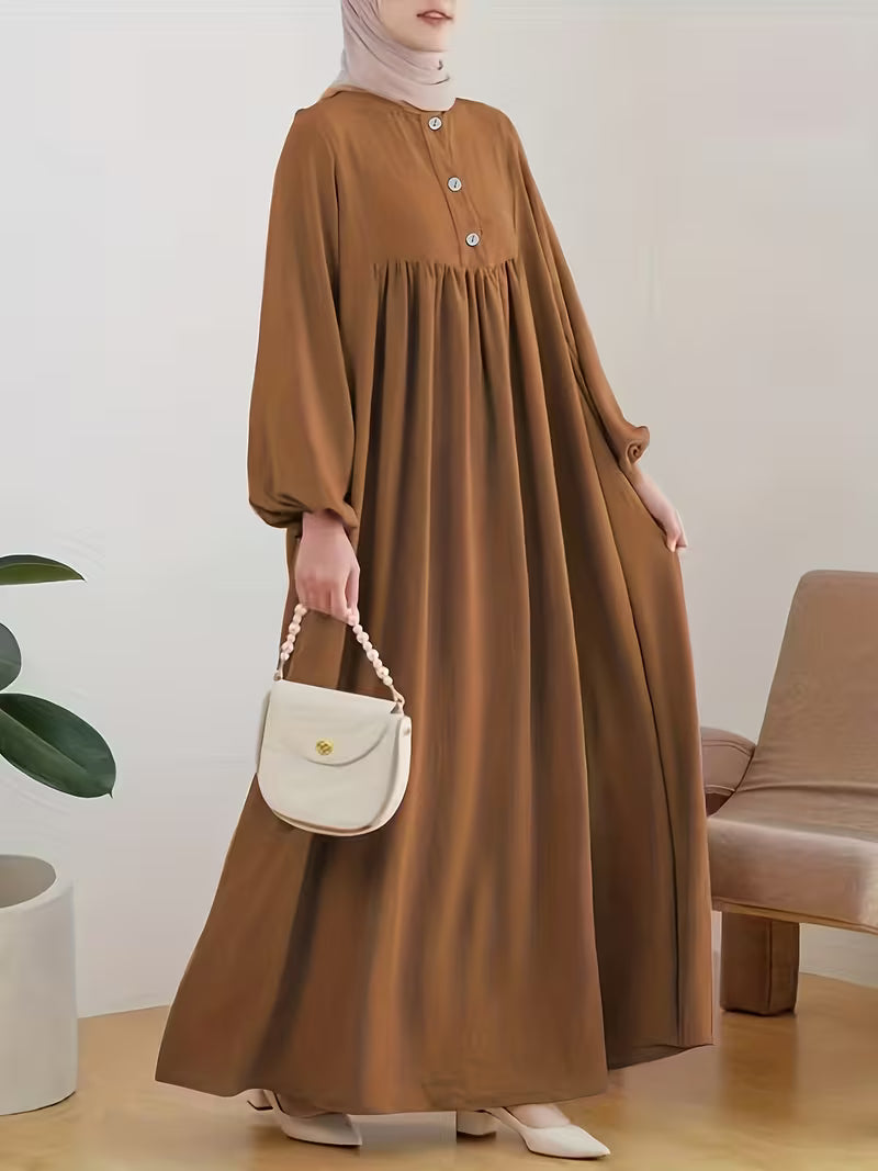 Nouvelle robe de femme musulmane 2026, couleur caramel, mode décontractée, manches bouffantes, ample, couleur unie, sans voile.