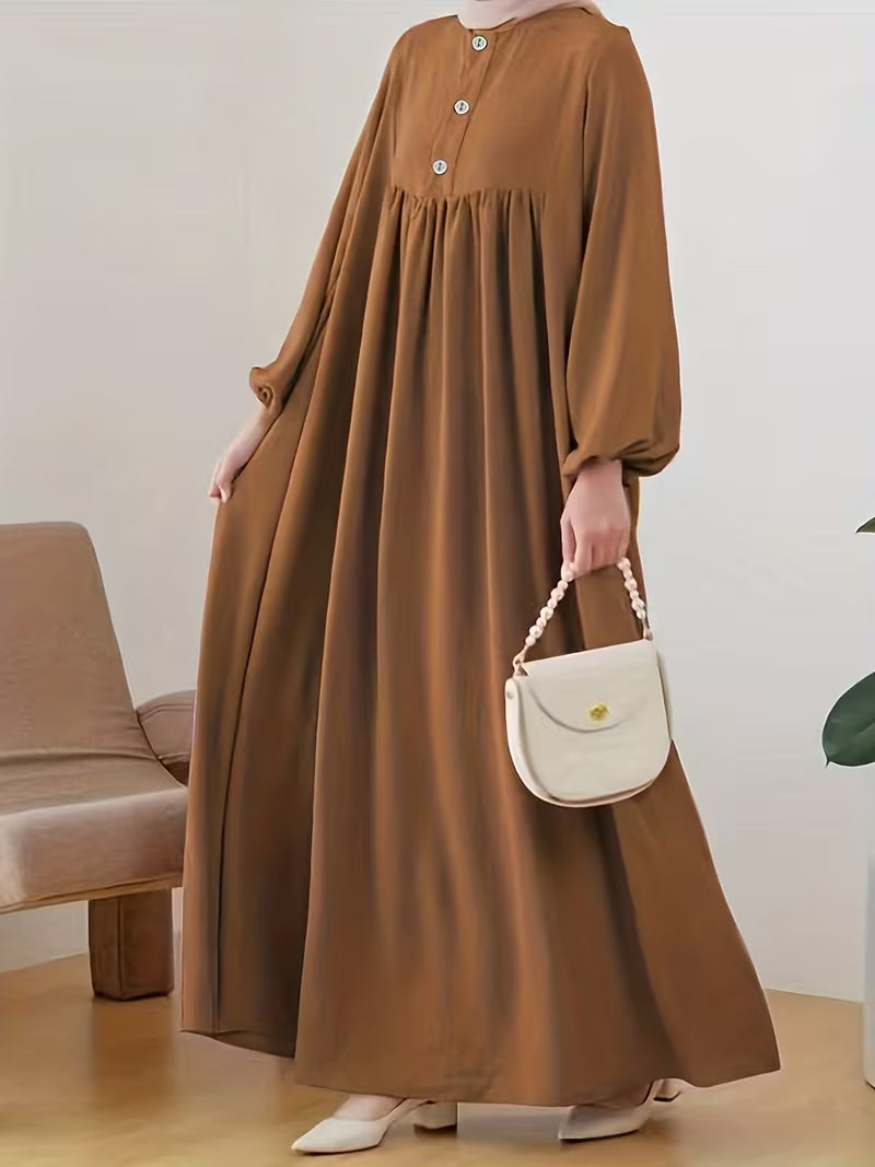 New 2026 Muslim Women'S Robe Caramel Color Fashion Casual Bubble Sleeve Easy Loose Solid Color Dress Without Headscarf