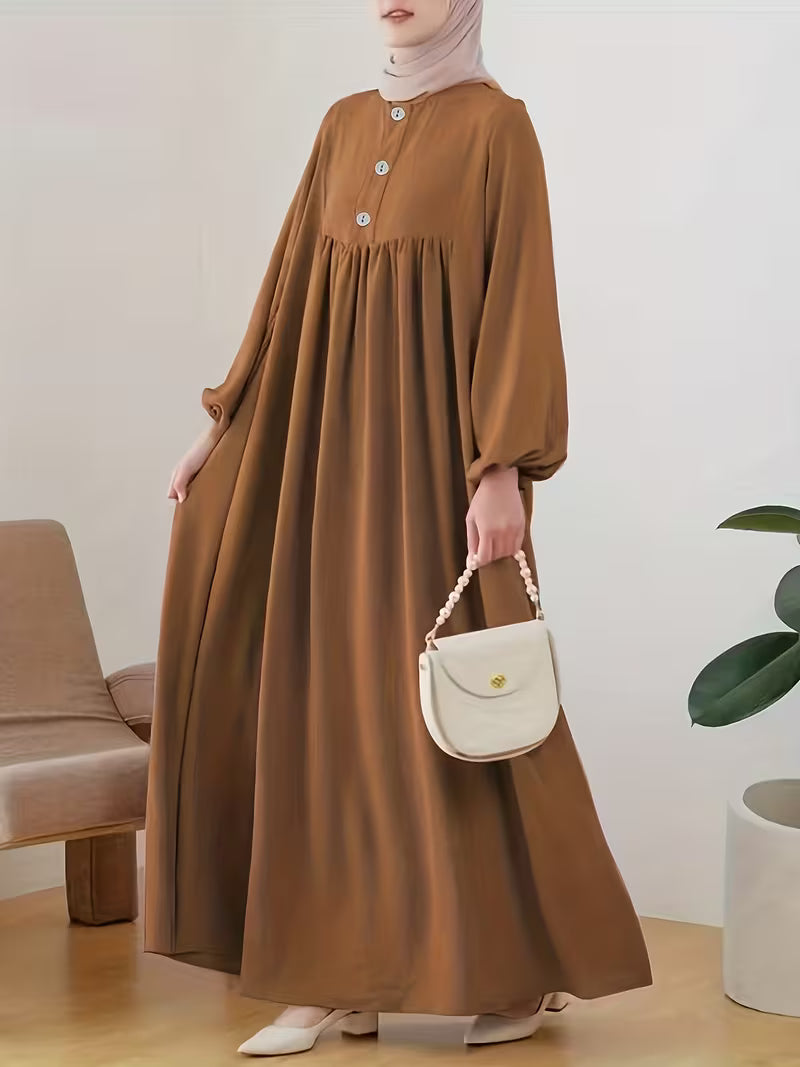 Nouvelle robe de femme musulmane 2026, couleur caramel, mode décontractée, manches bouffantes, ample, couleur unie, sans voile.