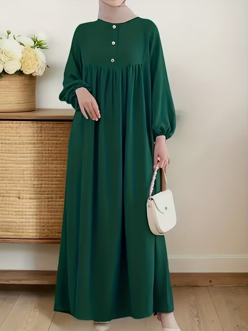 New 2026 Muslim Women'S Robe Caramel Color Fashion Casual Bubble Sleeve Easy Loose Solid Color Dress Without Headscarf