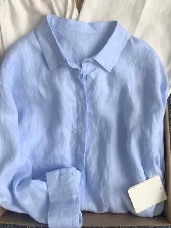 Women Linen Shirt Casual Loose Long Sleeve Thin Summer Top Pure Color Turn Down Collar French Style Sunscreen Clothing