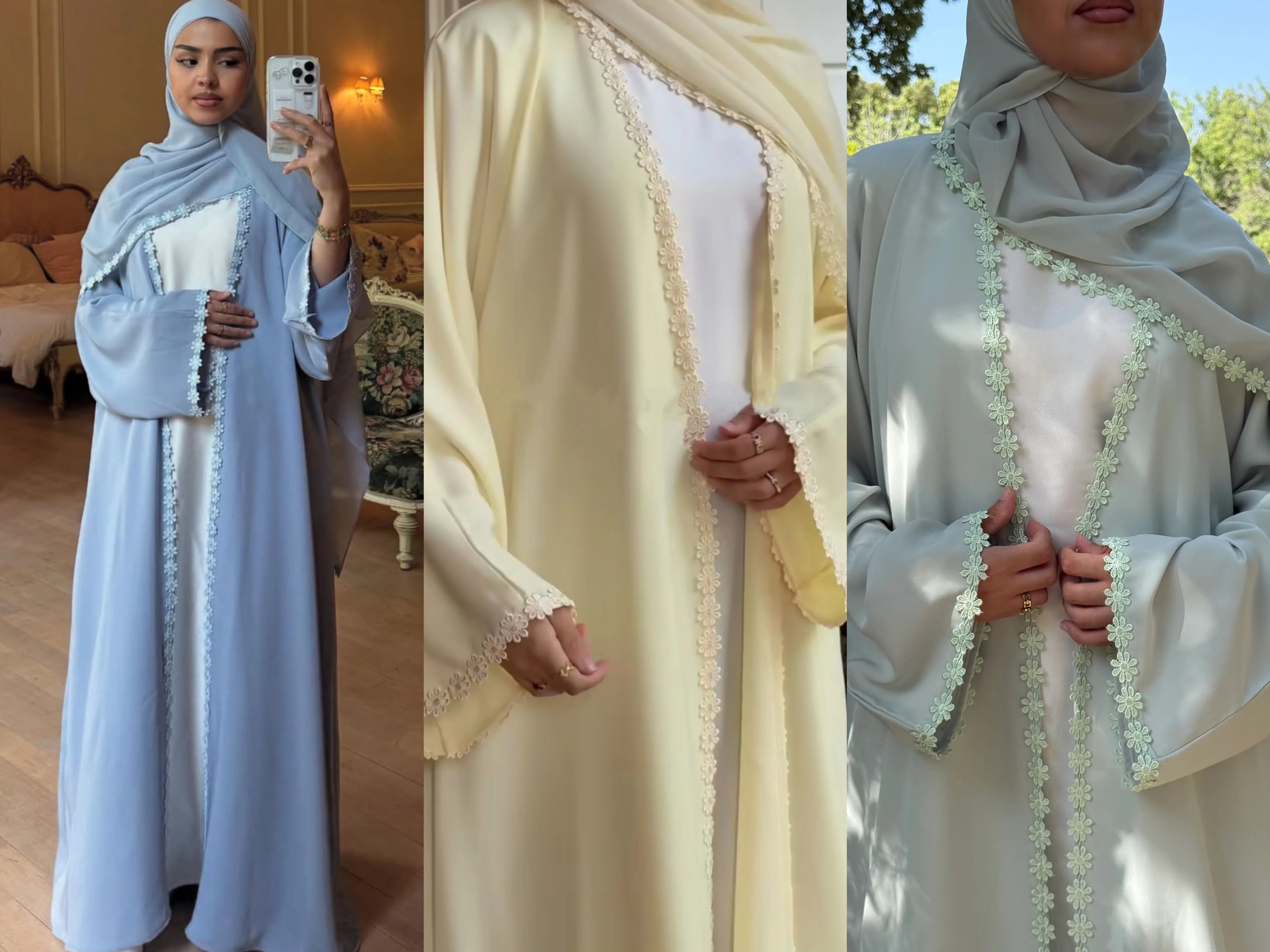 New Abaya 2026 Nida Fabric Lace Flower Abaya Islamic Clothing Women Open Abaya Muslim Women Cardigan with Hijab
