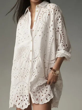 Elegant White Shirt Lady Fashion Long Sleeve Hook Flower Hollow Button Shirts Tops Casual Office Holiday Womens Clothing Spring