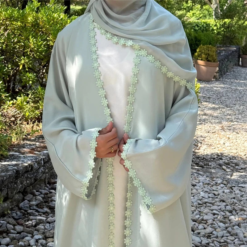 New Abaya 2026 Nida Fabric Lace Flower Abaya Islamic Clothing Women Open Abaya Muslim Women Cardigan with Hijab