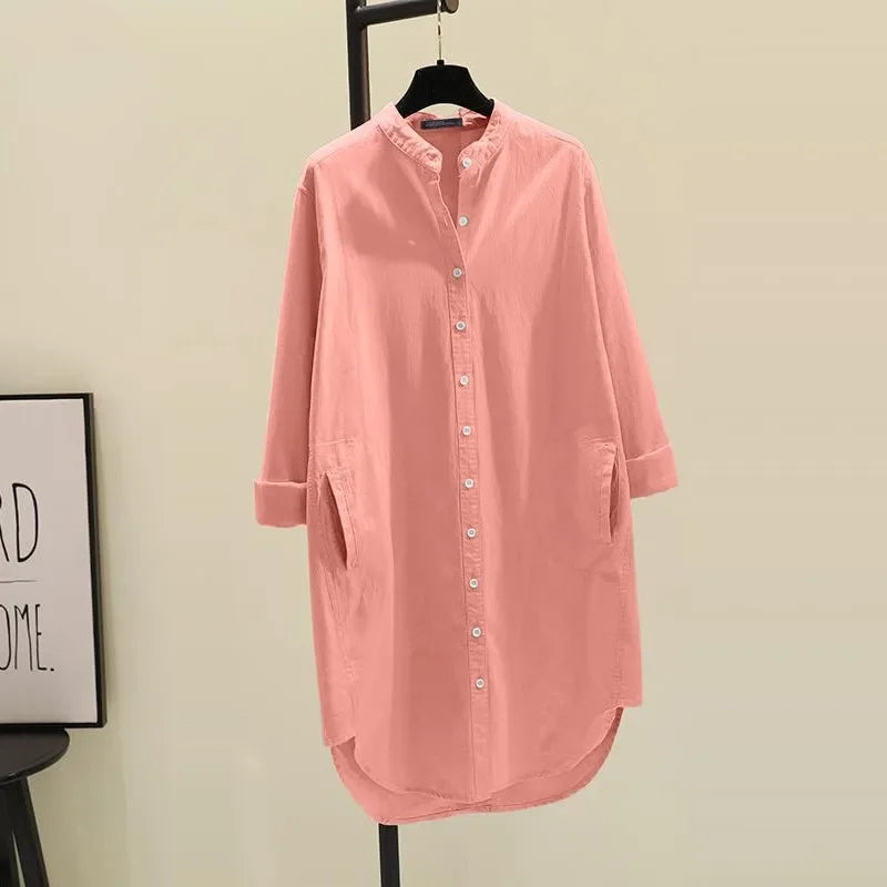 Fashion New Elegant Solid Cotton Linen Women's Shirt Single Breasted Round Neck Casual Commuter Style Mid Length Shirt