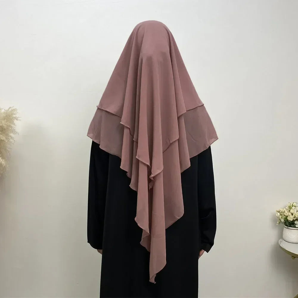 Muslim Women Khimar Two Layer Chiffon Hijab Islamic Headscarf Eid Amira Ramadan Prayer Garment Headdress Turkish Shawl Wrap Tops