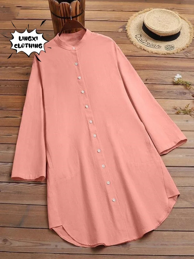 Fashion New Elegant Solid Cotton Linen Women's Shirt Single Breasted Round Neck Casual Commuter Style Mid Length Shirt
