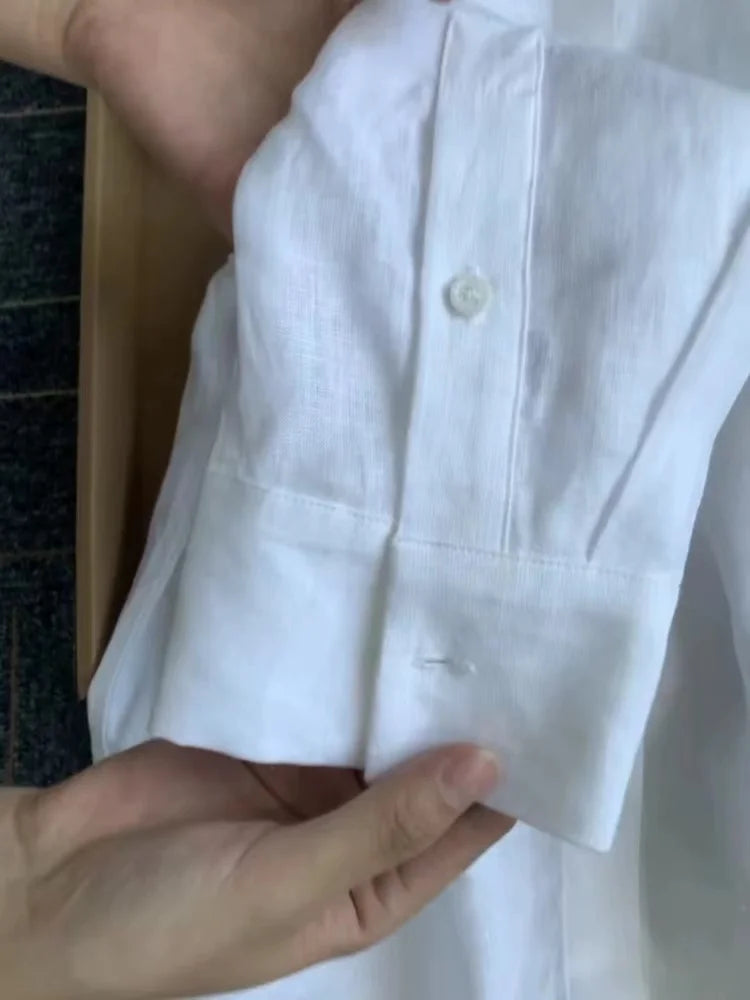 Women Linen Shirt Casual Loose Long Sleeve Thin Summer Top Pure Color Turn Down Collar French Style Sunscreen Clothing