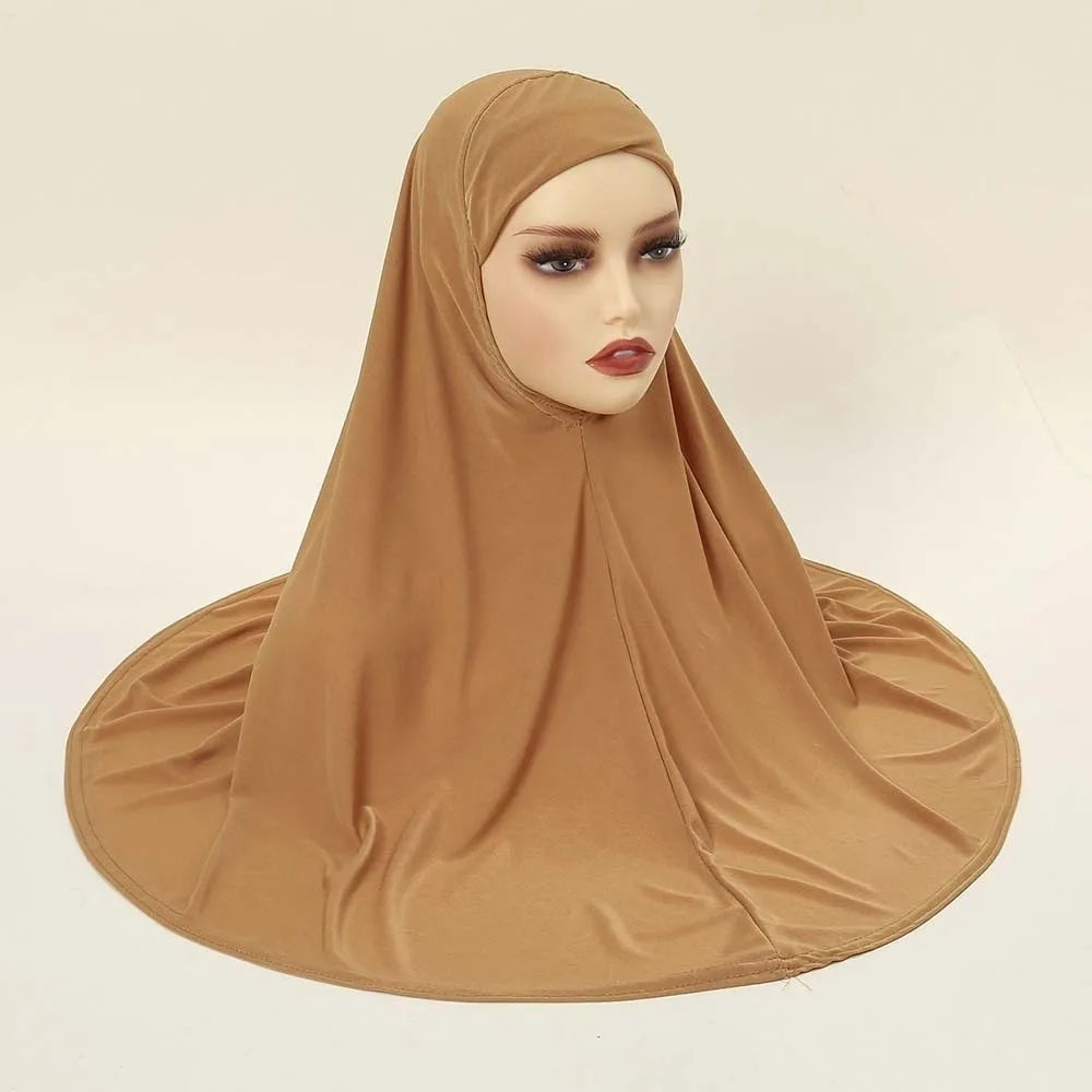 Breathable Jersey Solid Color Instant Hijab Four-Way Stretch Full Coverage Women Khimar Skin-Friendly Anti-Slip Design