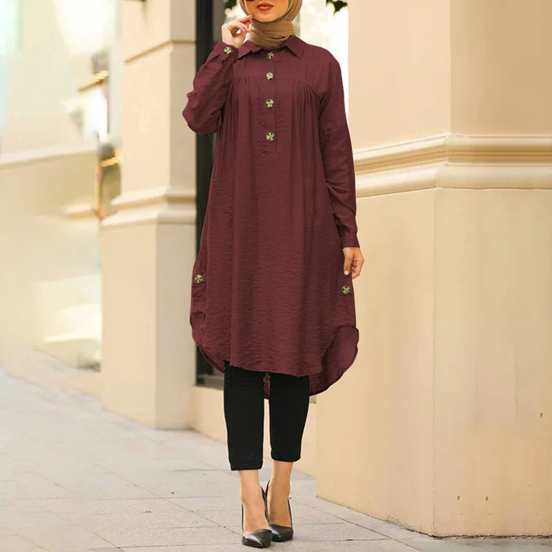 2026 Summer Muslim Solid Blouse for Women Simple Cotton Linen Long Shirt Saudi Arabia Islam Femme Tops Lady A-Line Shirt Dresses