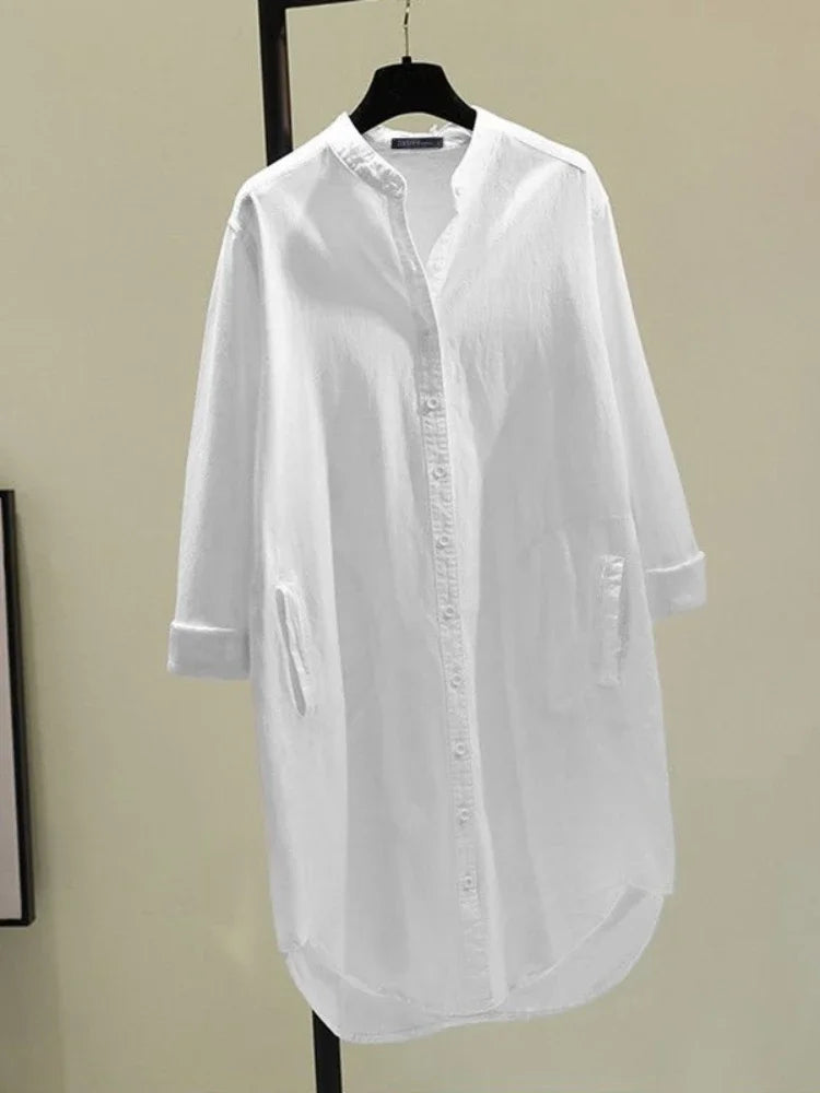 Fashion New Elegant Solid Cotton Linen Women's Shirt Single Breasted Round Neck Casual Commuter Style Mid Length Shirt