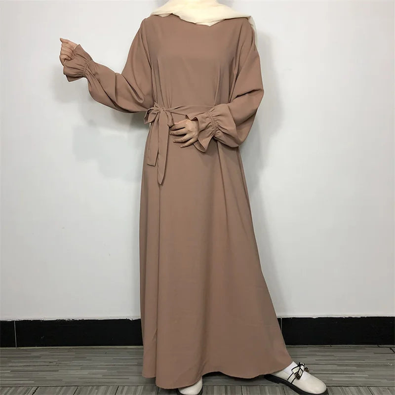 New Modest Abaya Ruffle Sleeve High Quality Nida With Pockets Free Belt EID Ramadan Islamic Clothing Muslim Women Maxi Dress