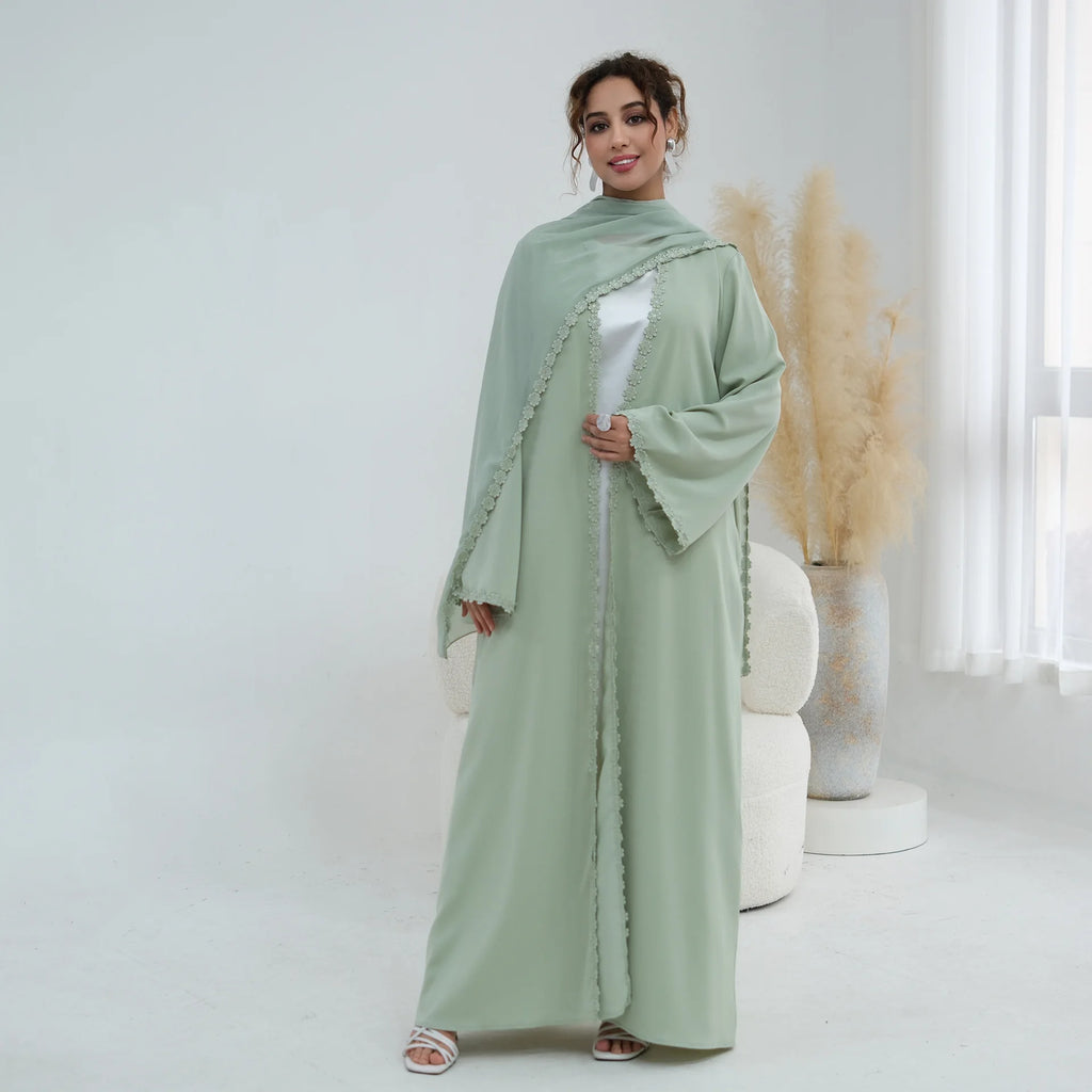 New Abaya 2026 Nida Fabric Lace Flower Abaya Islamic Clothing Women Open Abaya Muslim Women Cardigan with Hijab