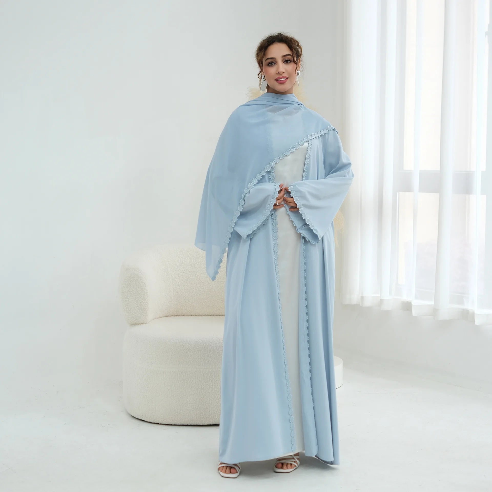 New Abaya 2026 Nida Fabric Lace Flower Abaya Islamic Clothing Women Open Abaya Muslim Women Cardigan with Hijab