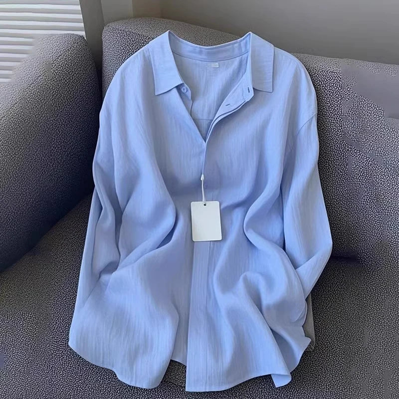 Women Linen Shirt Casual Loose Long Sleeve Thin Summer Top Pure Color Turn Down Collar French Style Sunscreen Clothing