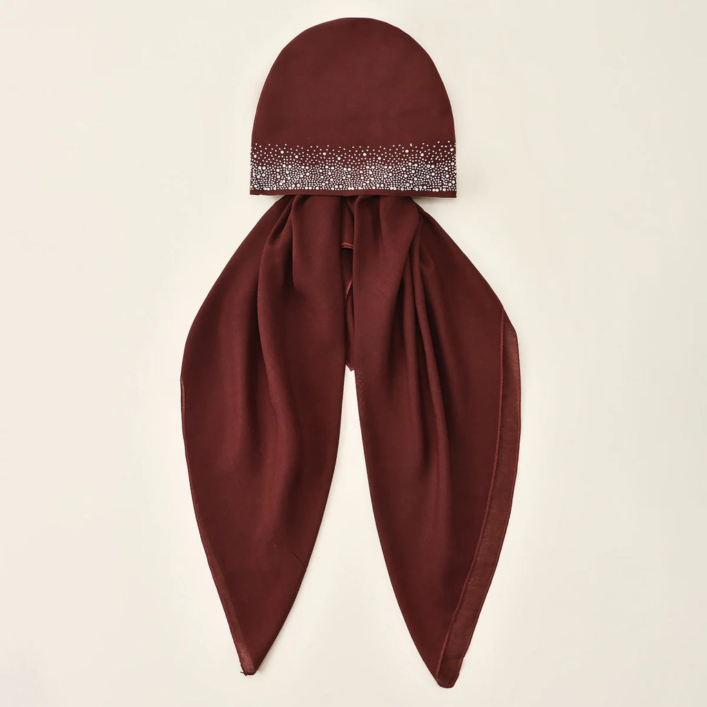 Women Plain Cotton Inner Hijab Headscarf Ramadan Hat Two Tails Muslim Rhinestone Instant Hijab Soft Cotton Solid Color Turban