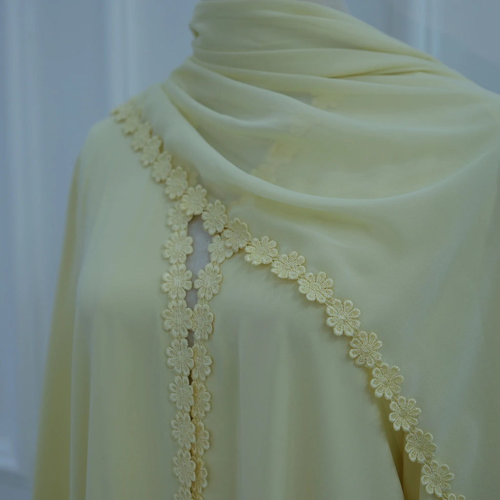 New Abaya 2026 Nida Fabric Lace Flower Abaya Islamic Clothing Women Open Abaya Muslim Women Cardigan with Hijab