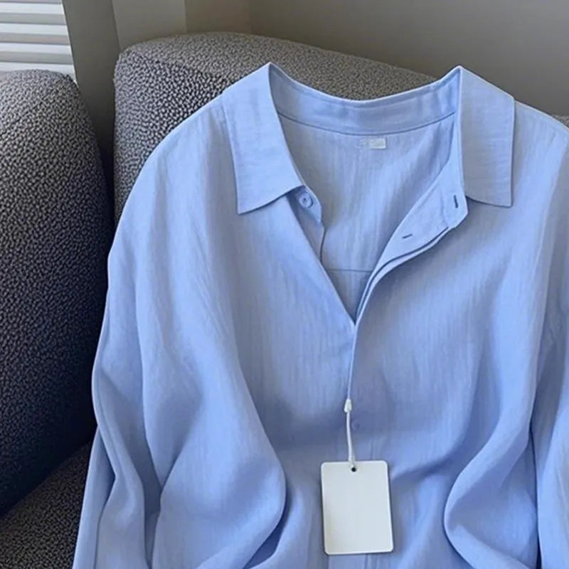 Women Linen Shirt Casual Loose Long Sleeve Thin Summer Top Pure Color Turn Down Collar French Style Sunscreen Clothing