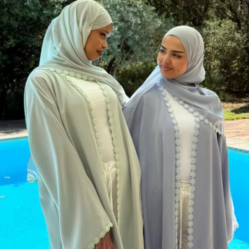 New Abaya 2026 Nida Fabric Lace Flower Abaya Islamic Clothing Women Open Abaya Muslim Women Cardigan with Hijab