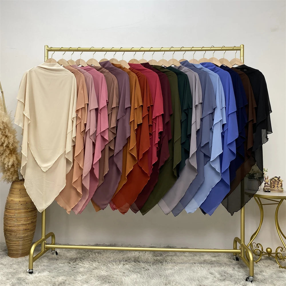 Muslim Women Khimar Two Layer Chiffon Hijab Islamic Headscarf Eid Amira Ramadan Prayer Garment Headdress Turkish Shawl Wrap Tops