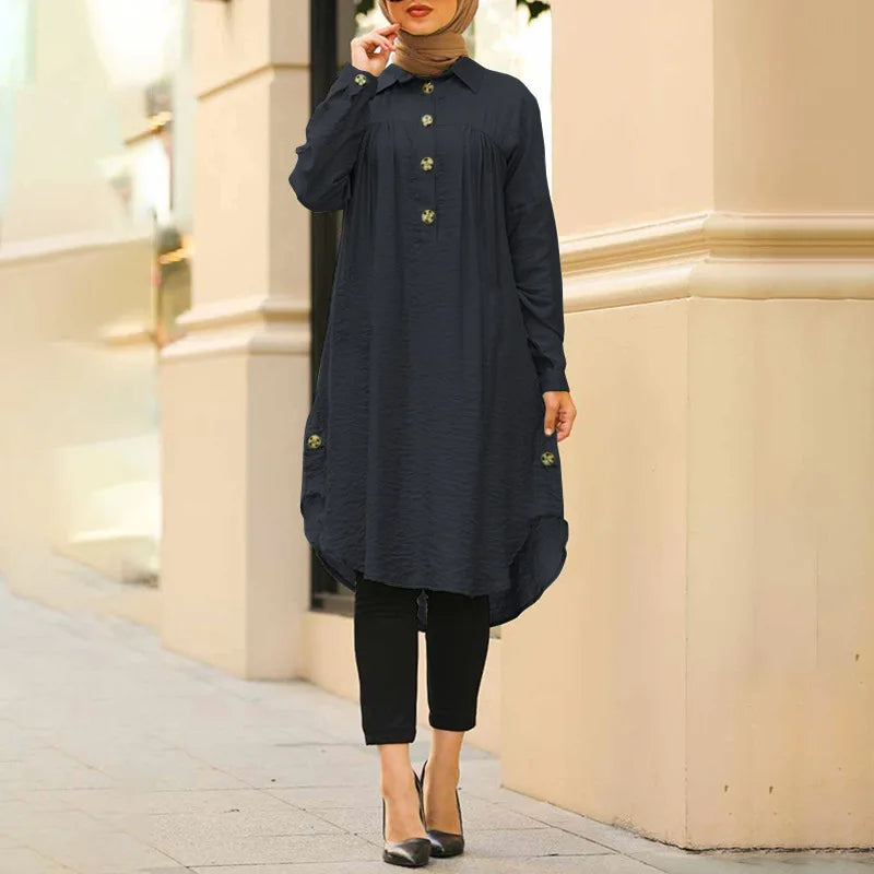 2026 Summer Muslim Solid Blouse for Women Simple Cotton Linen Long Shirt Saudi Arabia Islam Femme Tops Lady A-Line Shirt Dresses