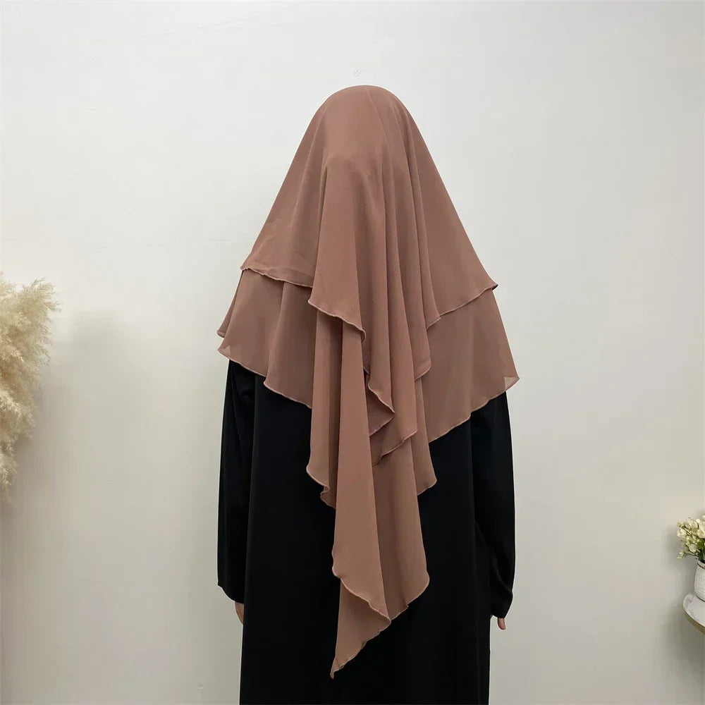 Muslim Women Khimar Two Layer Chiffon Hijab Islamic Headscarf Eid Amira Ramadan Prayer Garment Headdress Turkish Shawl Wrap Tops