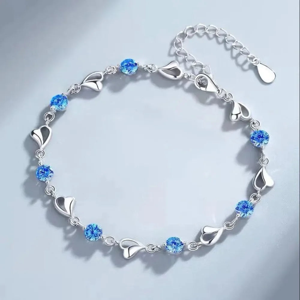 925 Sterling Silver Heart Shaped Necklace Bracelet Set for Women Vintage Korean Crystal Bracelets High Quality Set Party Jewelry