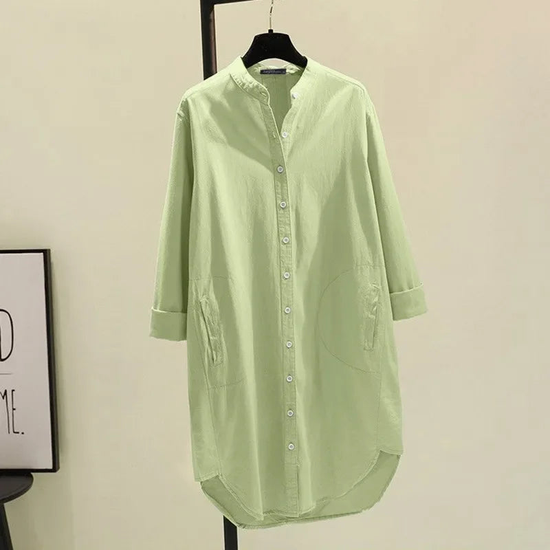 Fashion New Elegant Solid Cotton Linen Women's Shirt Single Breasted Round Neck Casual Commuter Style Mid Length Shirt