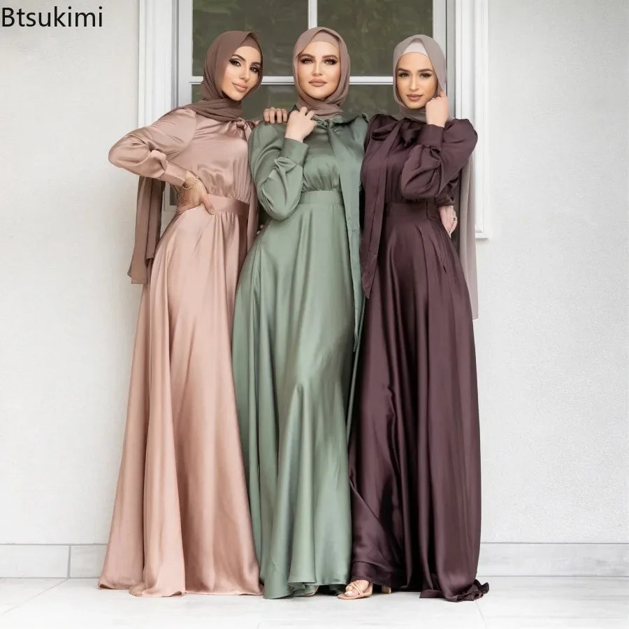 Robe élégante en satin pour femmes Musulmanes Abaya Hijab Dubaï Turquie Robes de soirée Kaftan Arabe Robe Islamique Femme