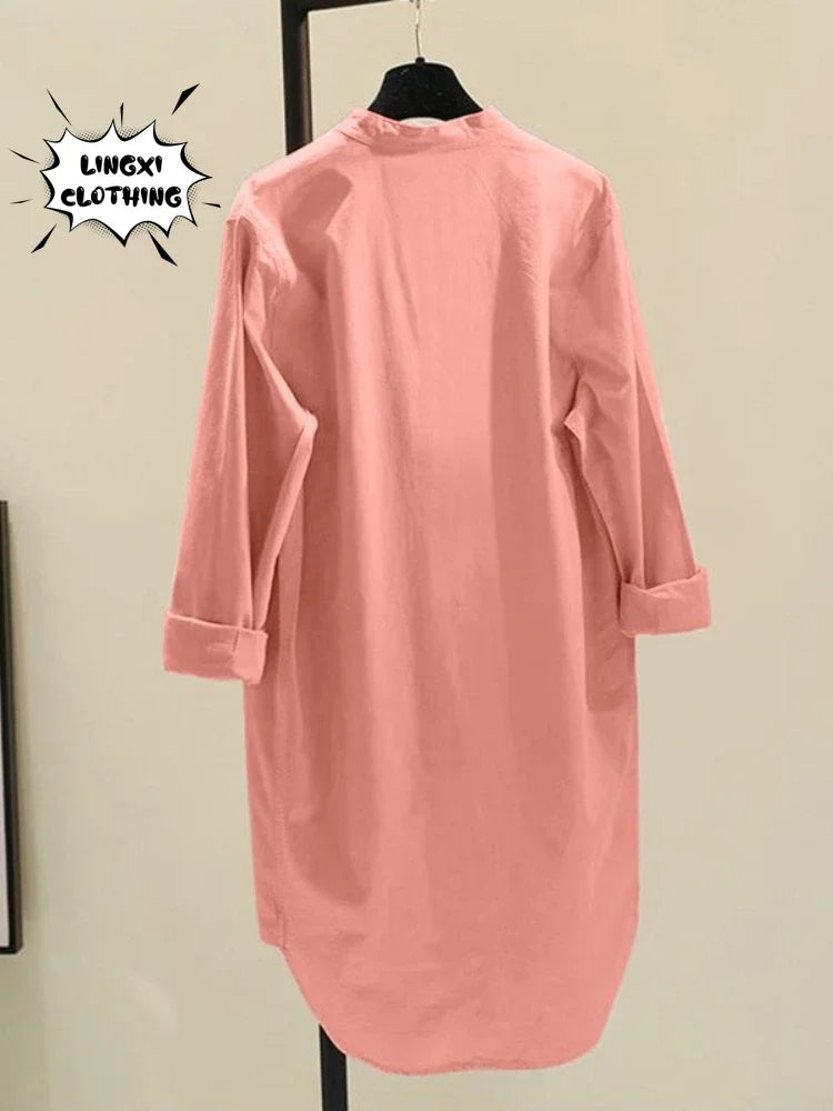 Fashion New Elegant Solid Cotton Linen Women's Shirt Single Breasted Round Neck Casual Commuter Style Mid Length Shirt