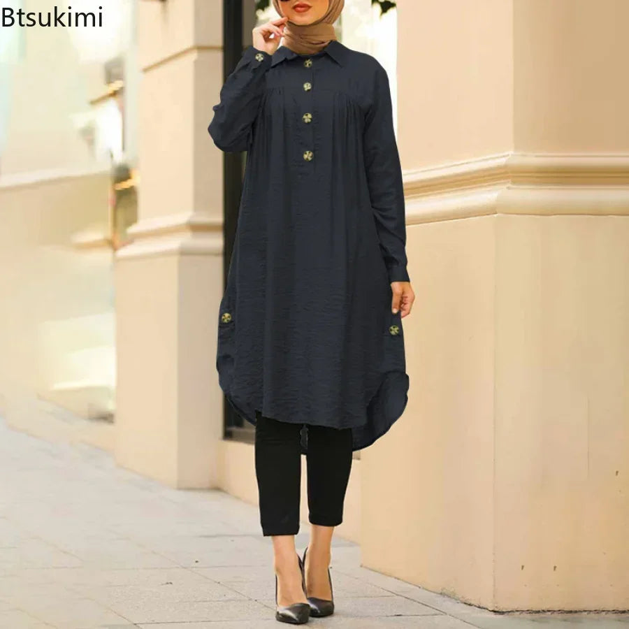 2026 Summer Muslim Solid Blouse for Women Simple Cotton Linen Long Shirt Saudi Arabia Islam Femme Tops Lady A-Line Shirt Dresses