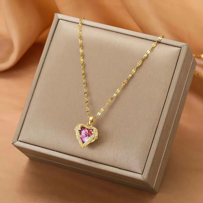 Super Luxury Colorful Crystal Ocean Heart Necklaces For Women Korean Fashion Stainless Steel Jewelry Female Wedding Accessories