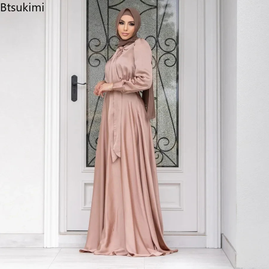 Robe élégante en satin pour femmes Musulmanes Abaya Hijab Dubaï Turquie Robes de soirée Kaftan Arabe Robe Islamique Femme