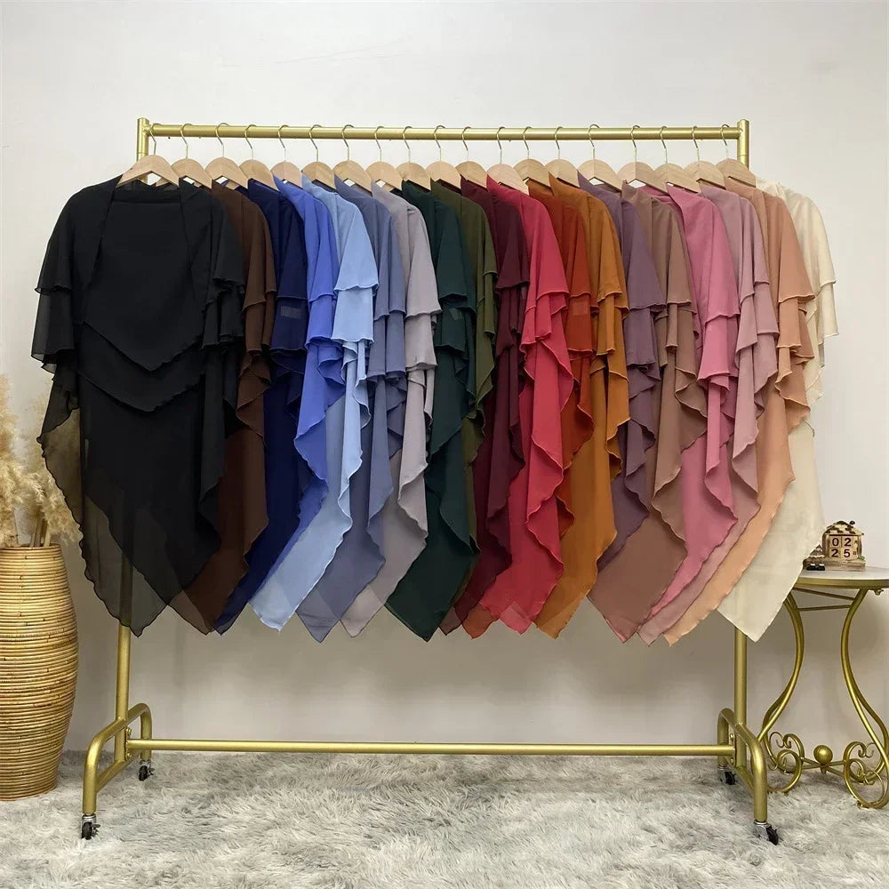 Muslim Women Khimar Two Layer Chiffon Hijab Islamic Headscarf Eid Amira Ramadan Prayer Garment Headdress Turkish Shawl Wrap Tops