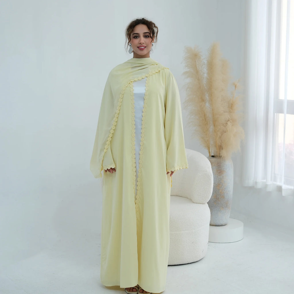 New Abaya 2026 Nida Fabric Lace Flower Abaya Islamic Clothing Women Open Abaya Muslim Women Cardigan with Hijab