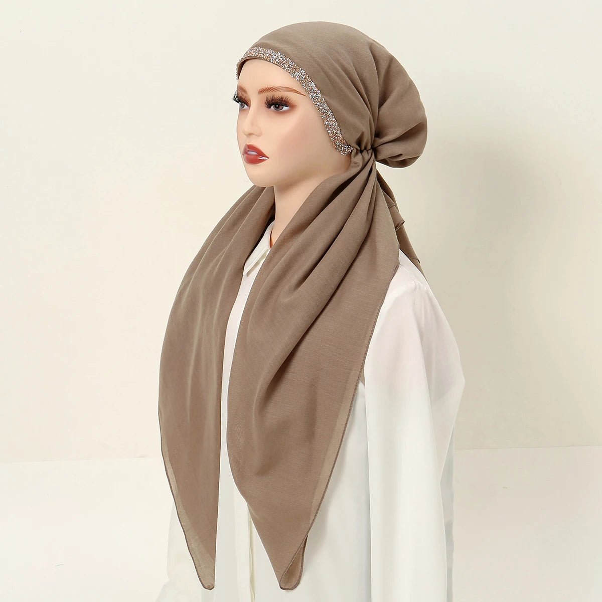 Women Plain Cotton Inner Hijab Headscarf Ramadan Hat Two Tails Muslim Rhinestone Instant Hijab Soft Cotton Solid Color Turban