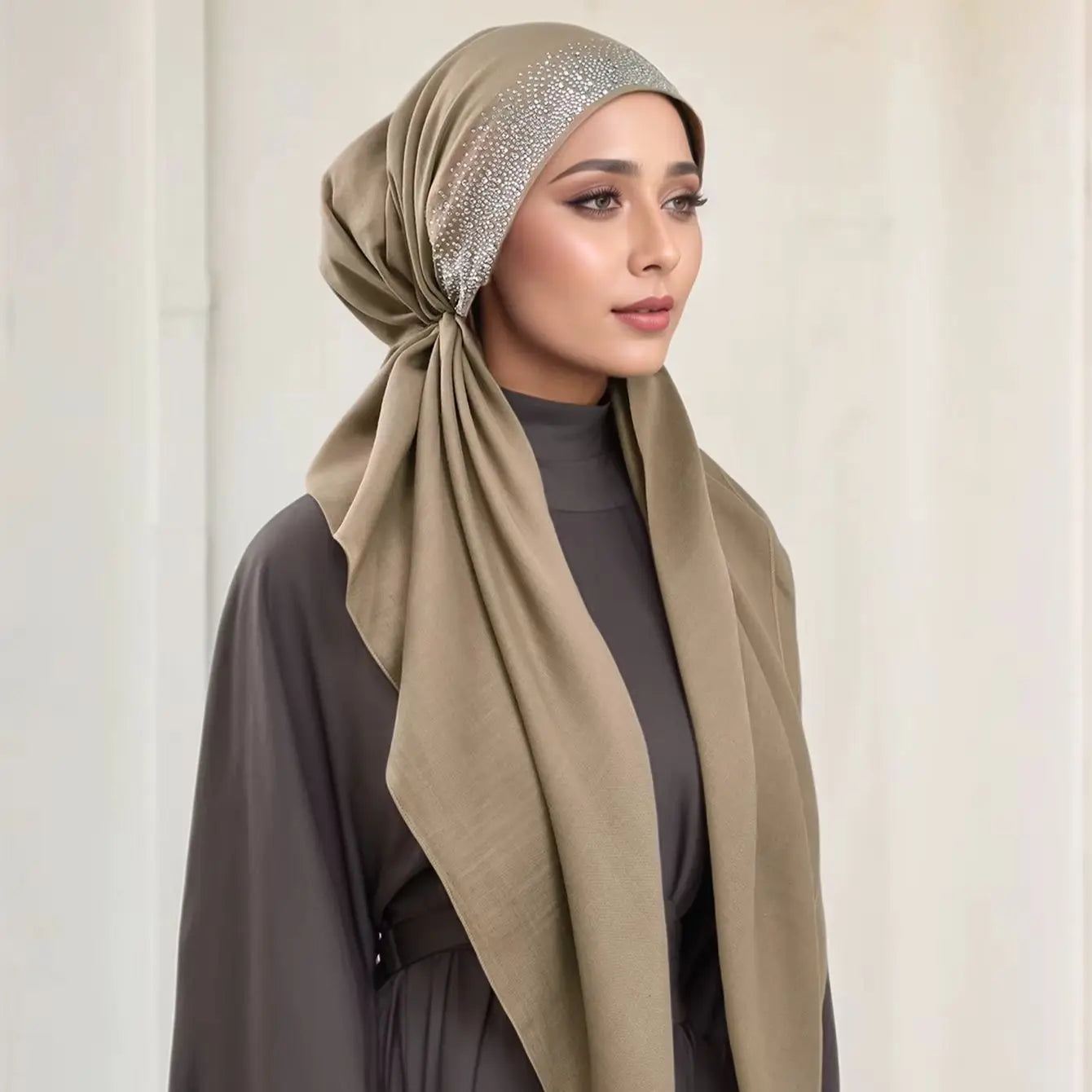 Women Plain Cotton Inner Hijab Headscarf Ramadan Hat Two Tails Muslim Rhinestone Instant Hijab Soft Cotton Solid Color Turban