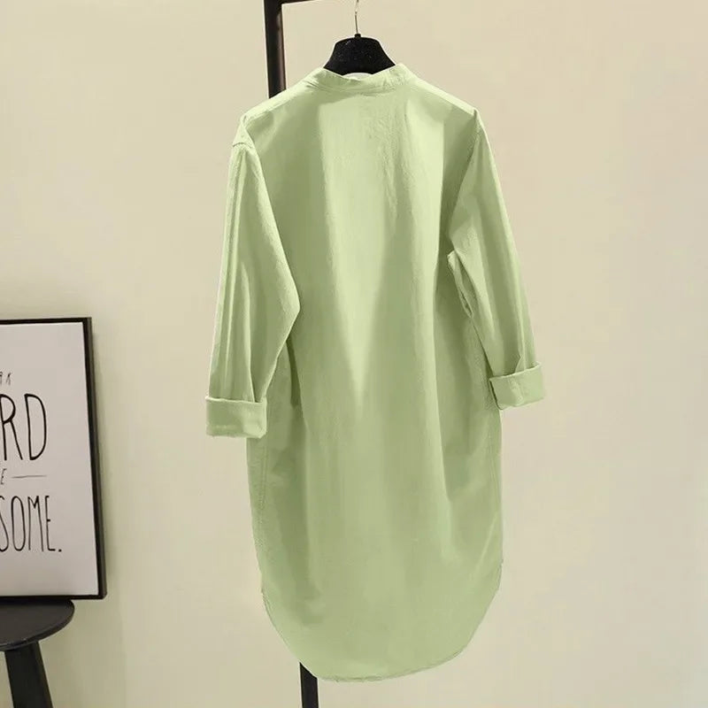 Fashion New Elegant Solid Cotton Linen Women's Shirt Single Breasted Round Neck Casual Commuter Style Mid Length Shirt