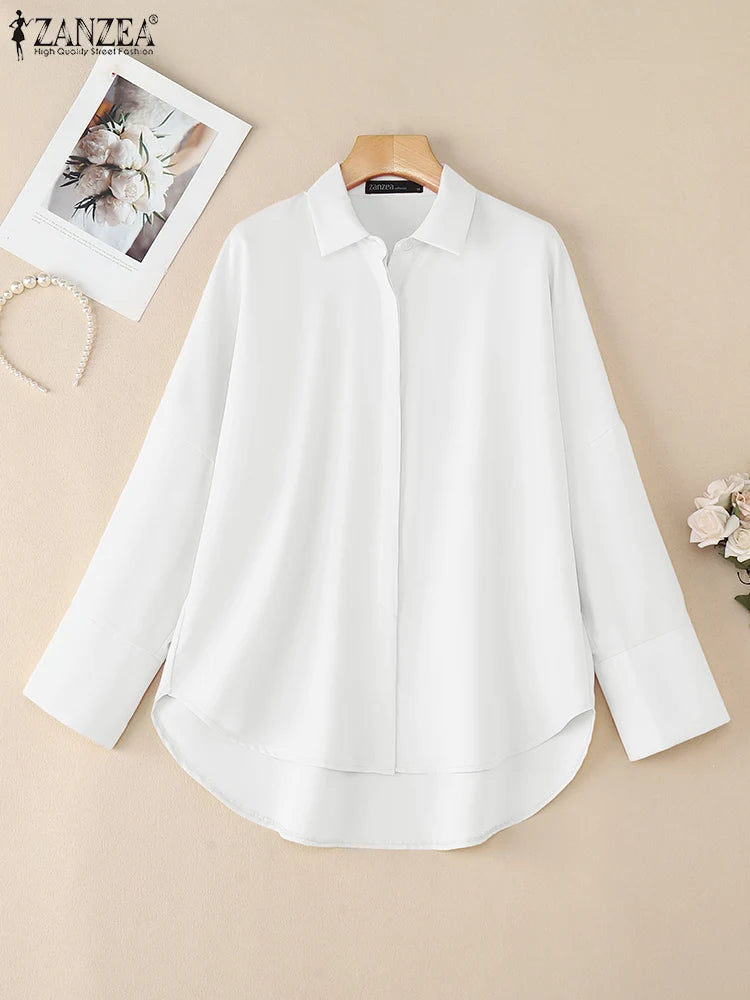 ZANZEA Oversized Women's White Shirts Turn-Down Collar Long Sleeve Button Up High-Low Solid Color Tops 2025 Autumn Streetwear