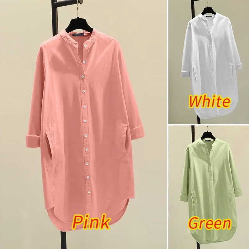 Fashion New Elegant Solid Cotton Linen Women's Shirt Single Breasted Round Neck Casual Commuter Style Mid Length Shirt