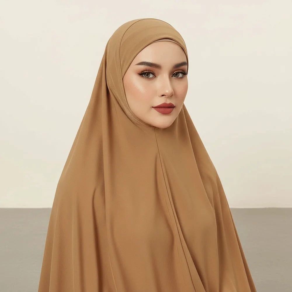 Breathable Jersey Solid Color Instant Hijab Four-Way Stretch Full Coverage Women Khimar Skin-Friendly Anti-Slip Design