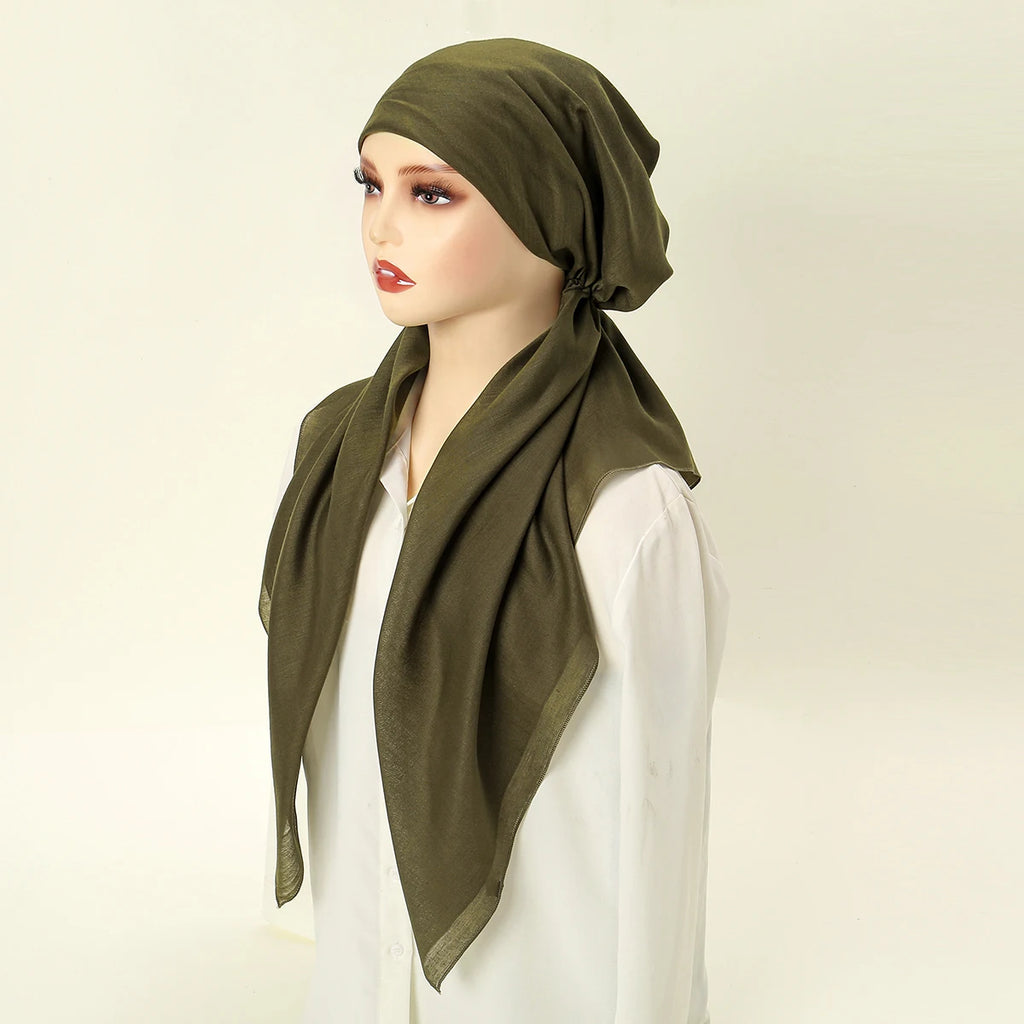 Women Plain Cotton Inner Hijab Headscarf Ramadan Hat Two Tails Muslim Rhinestone Instant Hijab Soft Cotton Solid Color Turban