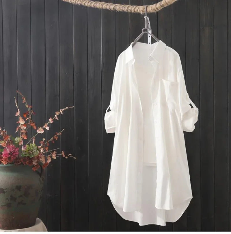 Korean Fashion White Shirt Women 2023 Spring Summer Loose Breathable Midi Shirt and Blouse Lady Simple Solid Color Long Shirts