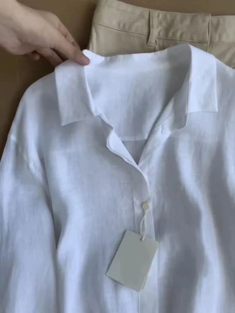 Women Linen Shirt Casual Loose Long Sleeve Thin Summer Top Pure Color Turn Down Collar French Style Sunscreen Clothing