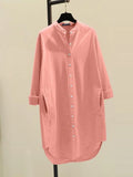 Fashion New Elegant Solid Cotton Linen Women's Shirt Single Breasted Round Neck Casual Commuter Style Mid Length Shirt