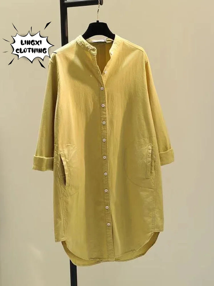 Fashion New Elegant Solid Cotton Linen Women's Shirt Single Breasted Round Neck Casual Commuter Style Mid Length Shirt