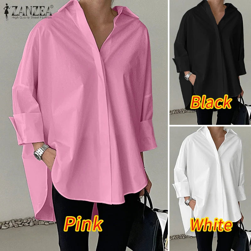 ZANZEA Oversized Women's White Shirts Turn-Down Collar Long Sleeve Button Up High-Low Solid Color Tops 2025 Autumn Streetwear